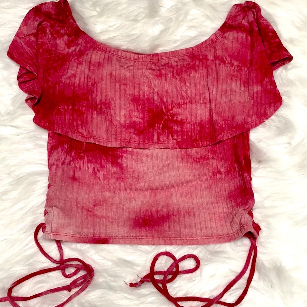 Red Tie Die Crop Top with Ruffle Size Jr. Large